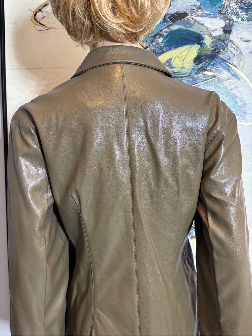 Olive Green Faux Leather Belted Trench Blazer - Picture 11 of 16